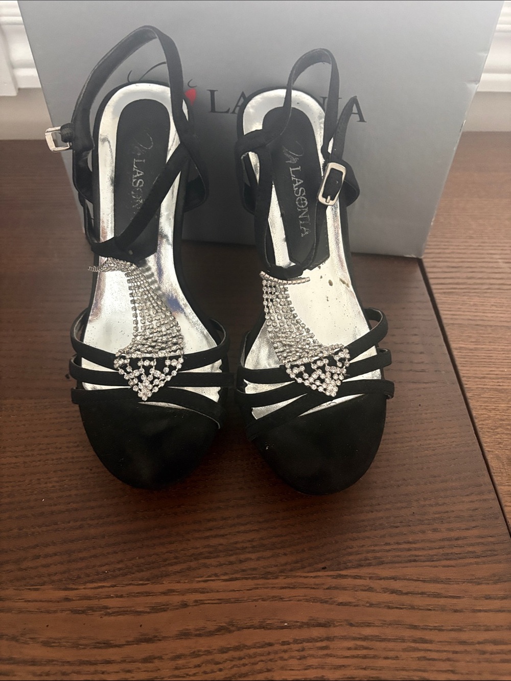 LaSonia Black Crystal-Embellished Slingback Heels